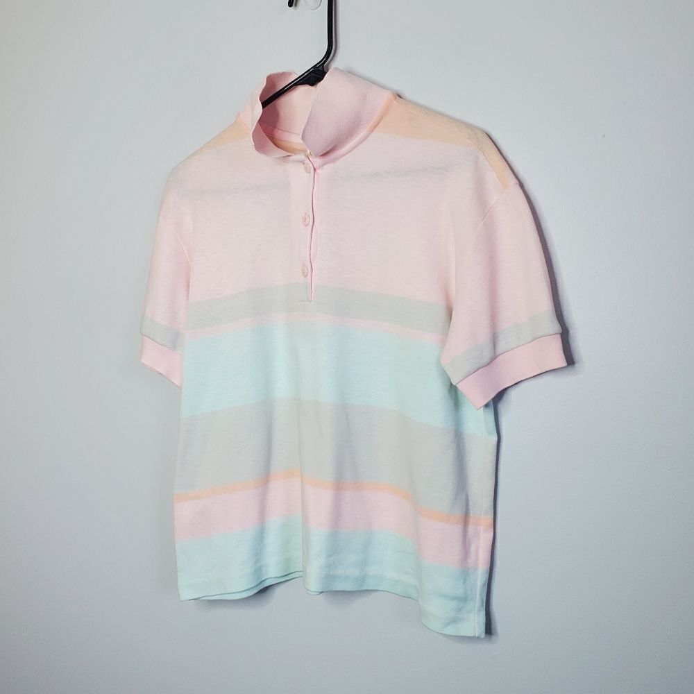 Jantzen L Pastel Pink Blue Polo Shirt Colorblock Striped Easter Spring